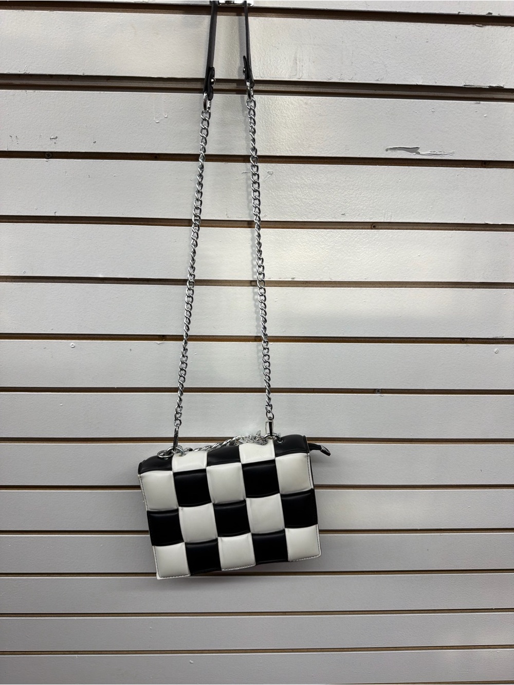 Black & White Checkerboard Woven Crossbody Bag|Puffy Vegan Leather Shoulder Purs